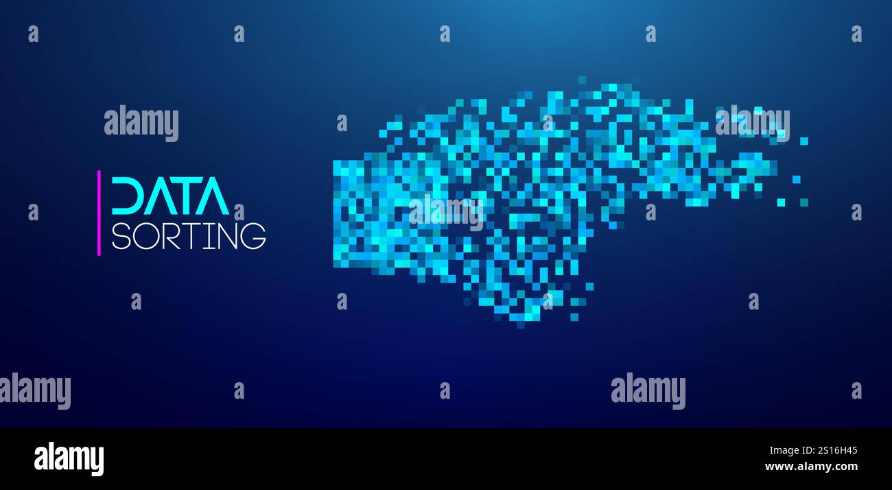 Blau gepixelte abstrakte Darstellung der Big Data-Sortierung auf dunklem Hintergrund. Stock Vektor