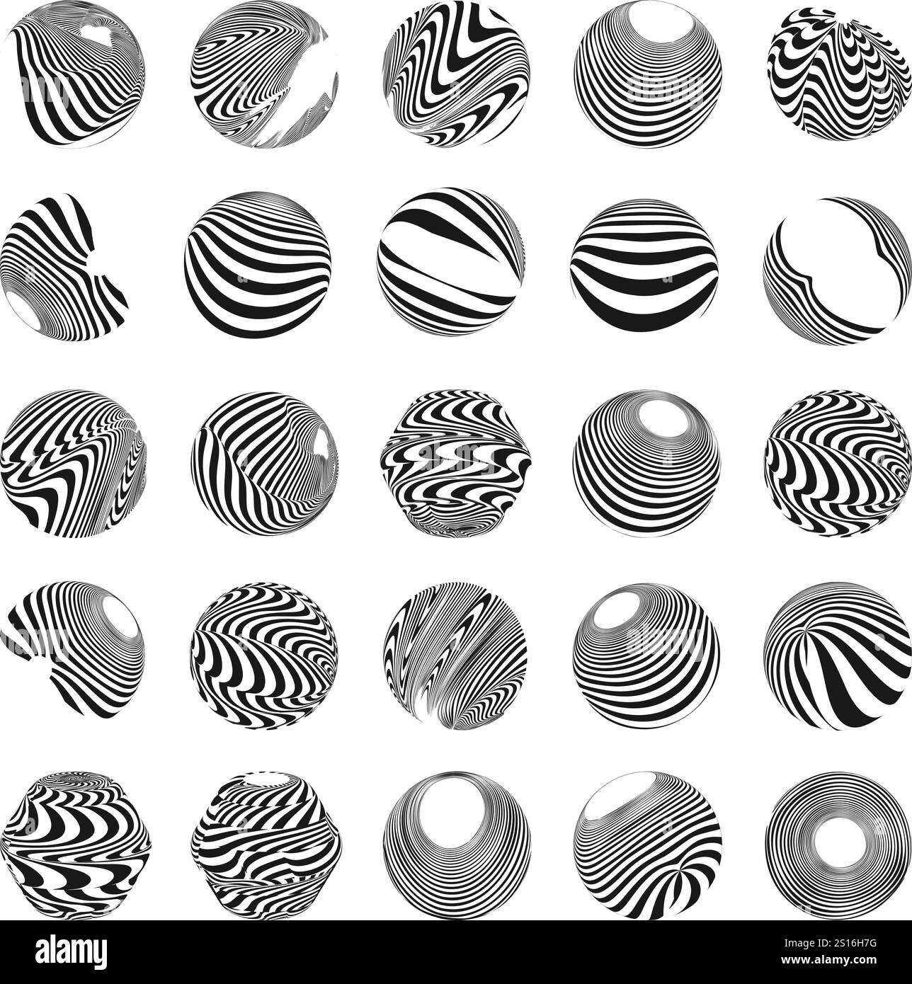 Optische Kunstkugeln in schwarz-weiß gestreiften Mustern auf weißem Hintergrund, hypnotische Designs. Stock Vektor