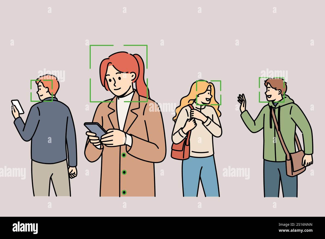 Big Brother überwacht Menschen und identifiziert Personen mithilfe von Kameras und biometrischer Gesichtserkennung. Das Problem des großen Bruders in der modernen Metropole und die Einführung von mit Ai ausgestatteten cctv-Systemen Stock Vektor