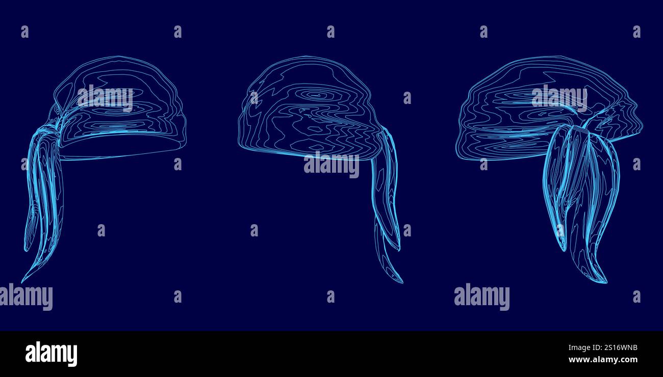 Drei blaue Bilder von einem Hut mit langem Schwanz. Die Hüte haben alle verschiedene Größen und Styles Stock Vektor