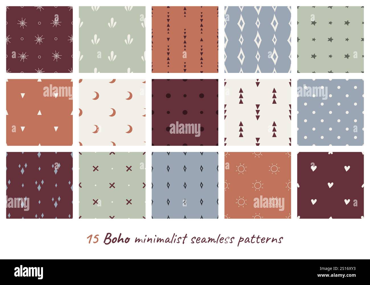 15 nahtlose Muster im Boho-Stil. Stock Vektor