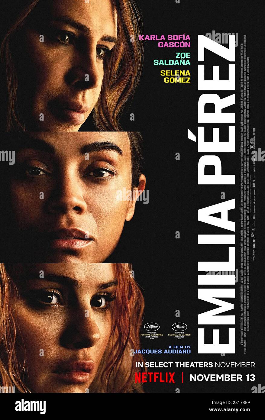 Emilia Pérez (2024) von Jacques Audiard mit Selena Gomez. Ein Musikdrama, das einem mexikanischen Kartellführer folgt, der einen Anwalt anheuert, um ihren Tod vorzutäuschen, damit sie authentisch wie ihr wahres selbst leben kann. US-Poster mit einem Blatt ***NUR FÜR REDAKTIONELLE ZWECKE***. Kredit: BFA/Netflix Stockfoto