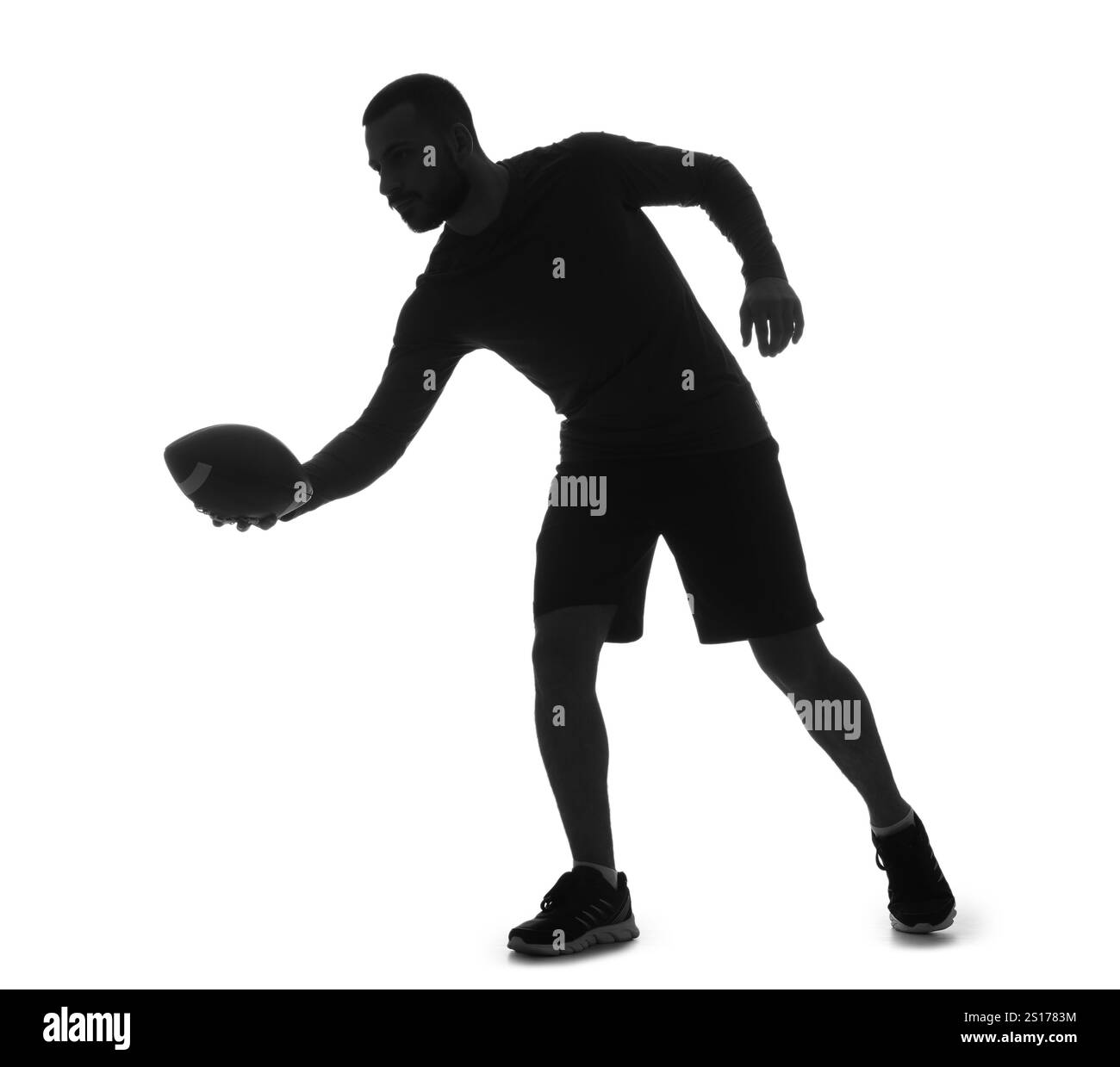 Silhouette eines männlichen Rugbyspielers auf weißem Hintergrund Stockfoto