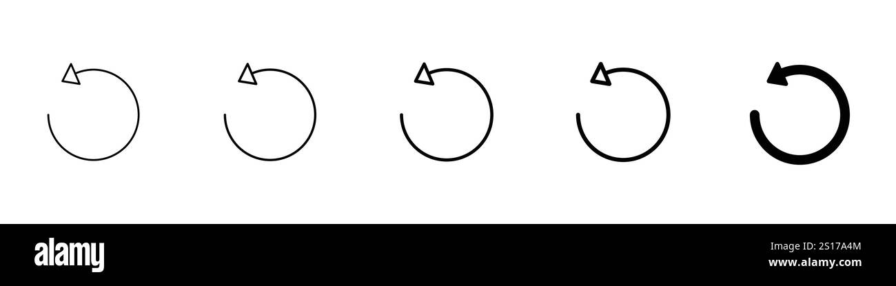 Satz von 5 Symbolen zurücksetzen - 1 Silhouette - 1 ungelöster Vektor - Symbol Vektor aktualisieren und Symbolsatz neu laden, isoliert auf weißem Hintergrund, kreisförmig Stock Vektor