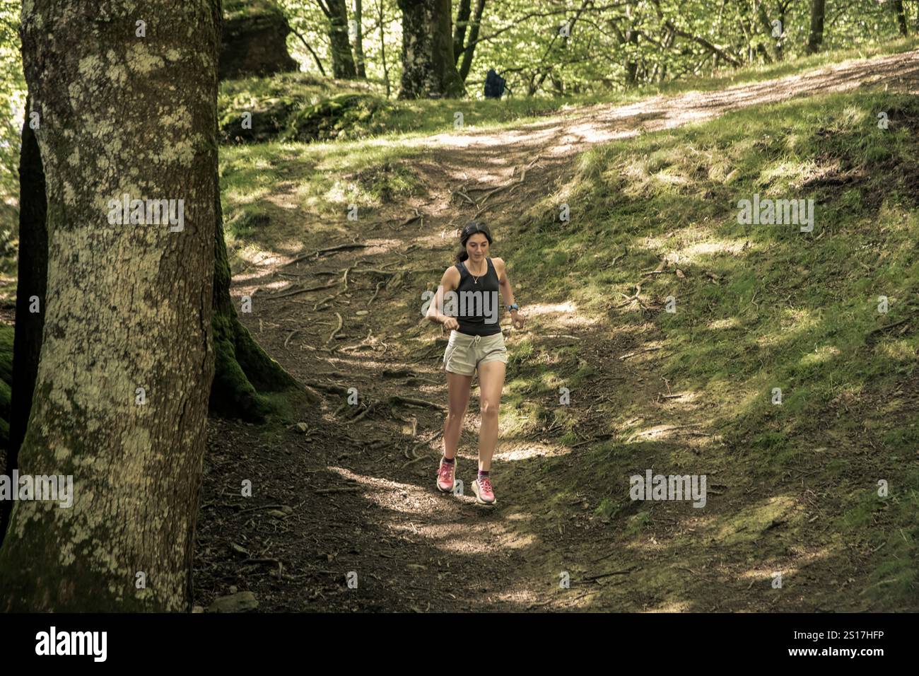 Frau, die an einem sonnigen Tag durch einen schattigen Waldweg läuft, umgeben von Grün und natürlichen Pfaden Stockfoto
