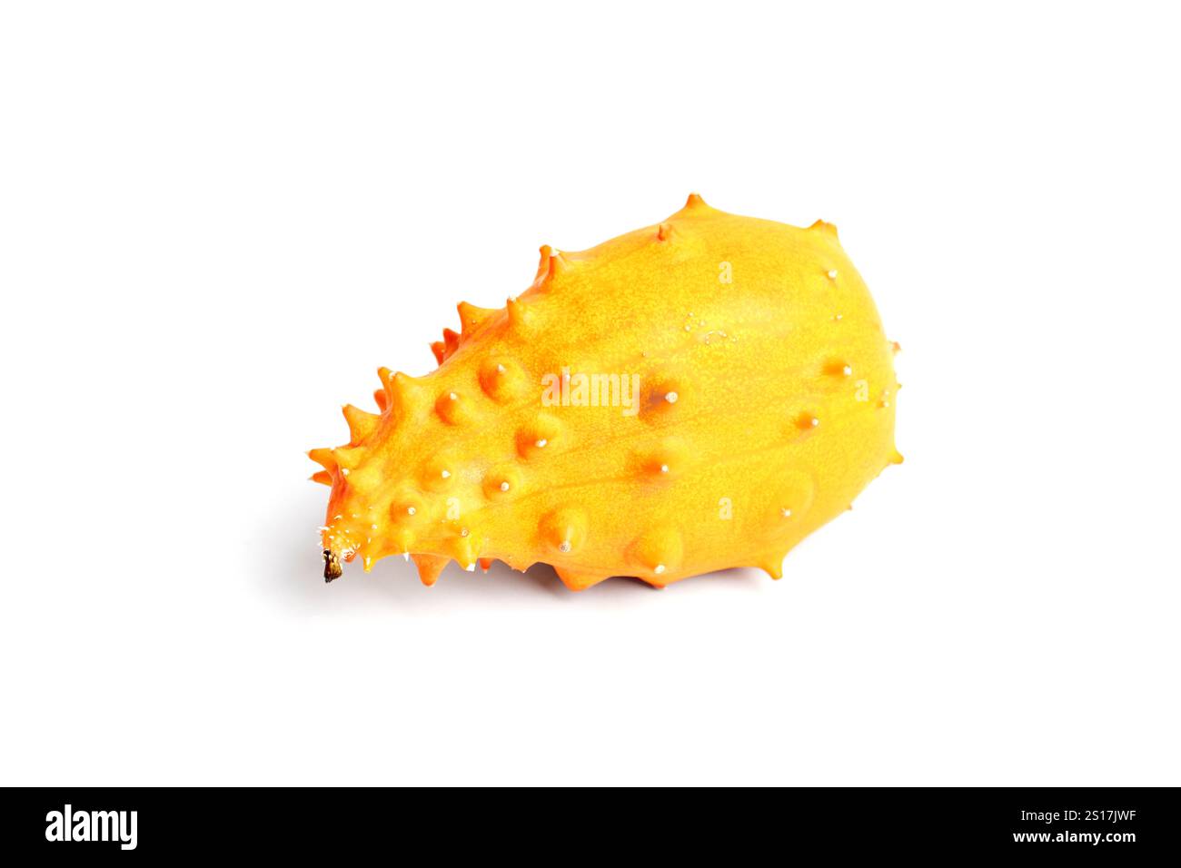 Hellorange Kiwanofrucht mit stacheliger Haut auf weißem Hintergrund. Stockfoto