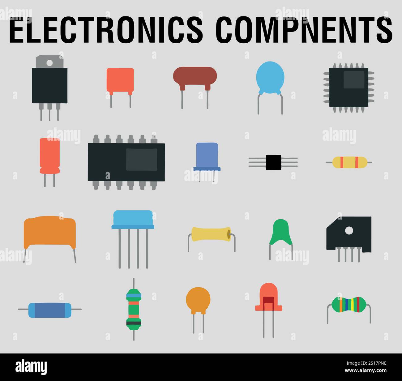 Symbole für elektronische Bauteile gesetzt. Sammlung elektrischer Komponenten mit isoliertem Hintergrund. Stock Vektor