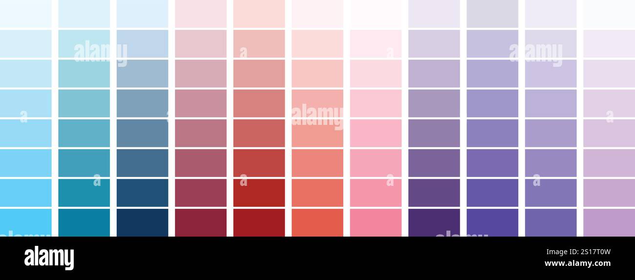 CMYK-Farbdiagramm für Druckvorstufe und Druck. Wird verwendet, um Farbfelder auszuwählen. Blau und Magenta sind Grundfarben. Stock Vektor