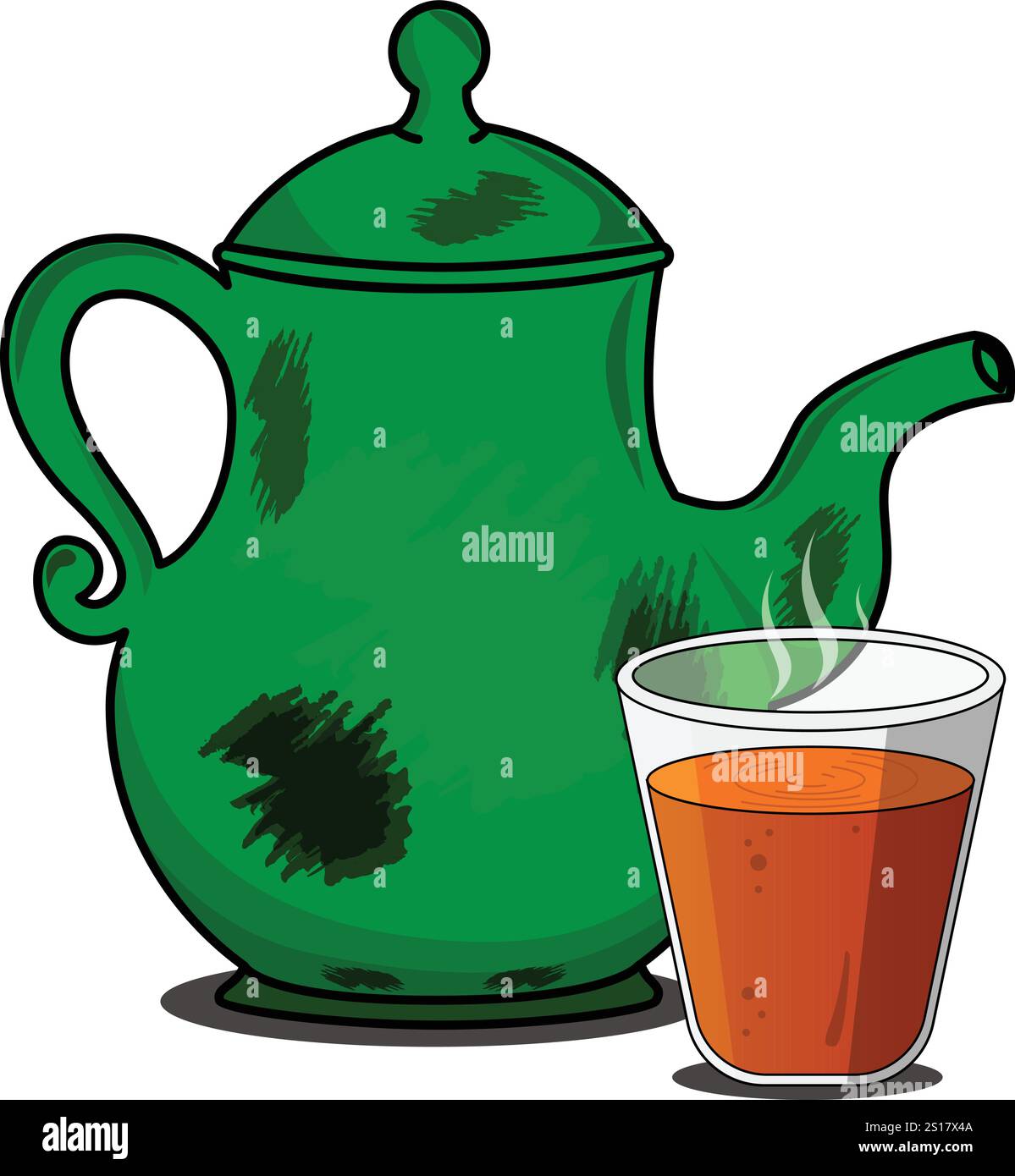 Vektor-Illustration von Teekessel und Tonbecher. Indische traditionelle Teetasse und Wasserkocher mit heißem Tee Handzeichnung Vektor. Indischer Wasserkocher, pakistan Teekocher Stock Vektor