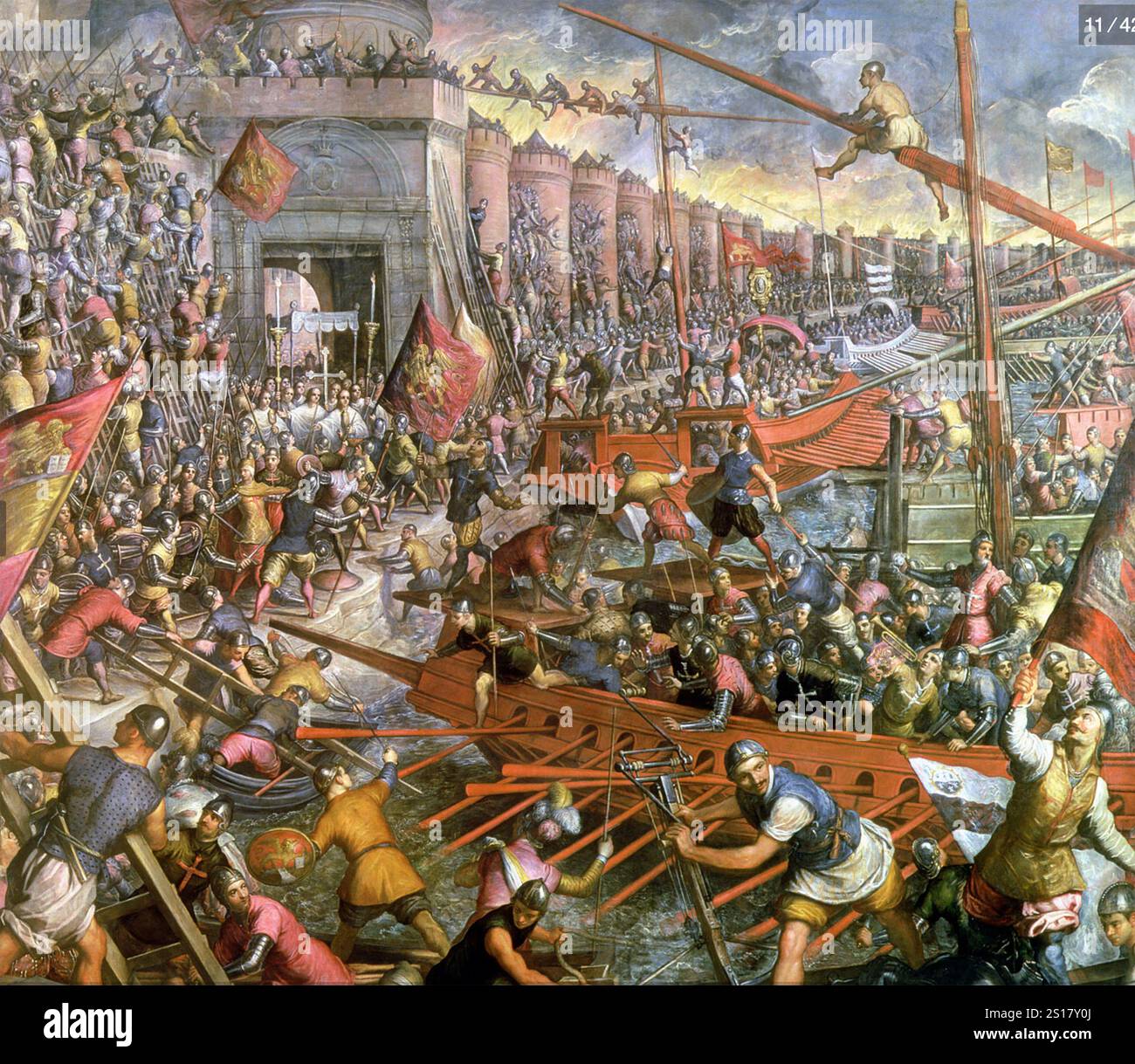 PLÜNDERUNG VON KONSTANTINOPEL im April 1204 als Höhepunkt des Vierten Kreuzzugs. Gemälde, das den Angriff der venezianischen Marine entlang des Goldenen Horns zeigt, gemalt von Tintoretto im Jahr 1580 Stockfoto