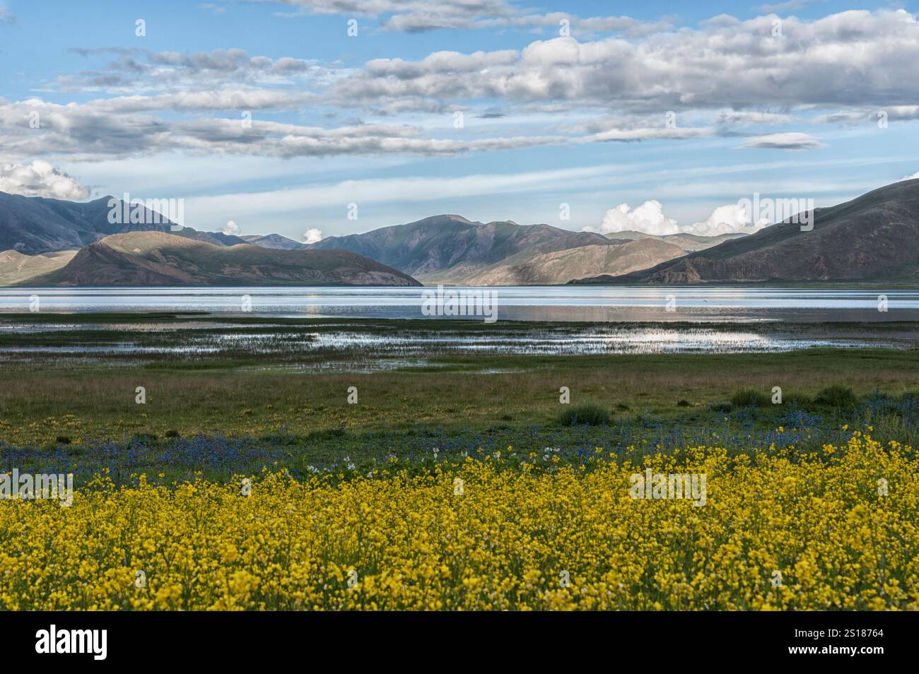 Wunderschöne tibetische Landschaft vor dem Samding Kloster am Yamdrok-See in Tibet Stockfoto