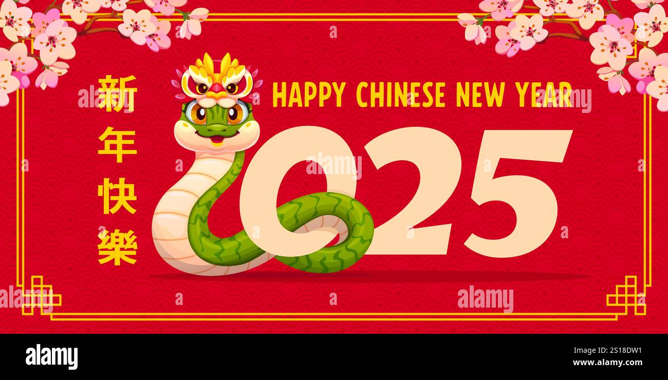 Grüne Schlange in 2025 Nummer auf chinesischem Mondneujahrsbanner zum Feiern. Vektor-Grußkarte mit süßer fröhlicher Reptilienschlange trägt Löwentanz Hut umgeben von Kirschblüten und goldener Grenze Stock Vektor