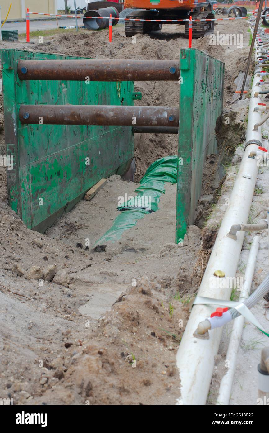 Green Foundation Unit Grabenhalter für Grabenwand. Grabengerüstausrüstung zum Schutz der Arbeiter unter dem Boden. In Schmutz an einer Konstruktion Stockfoto