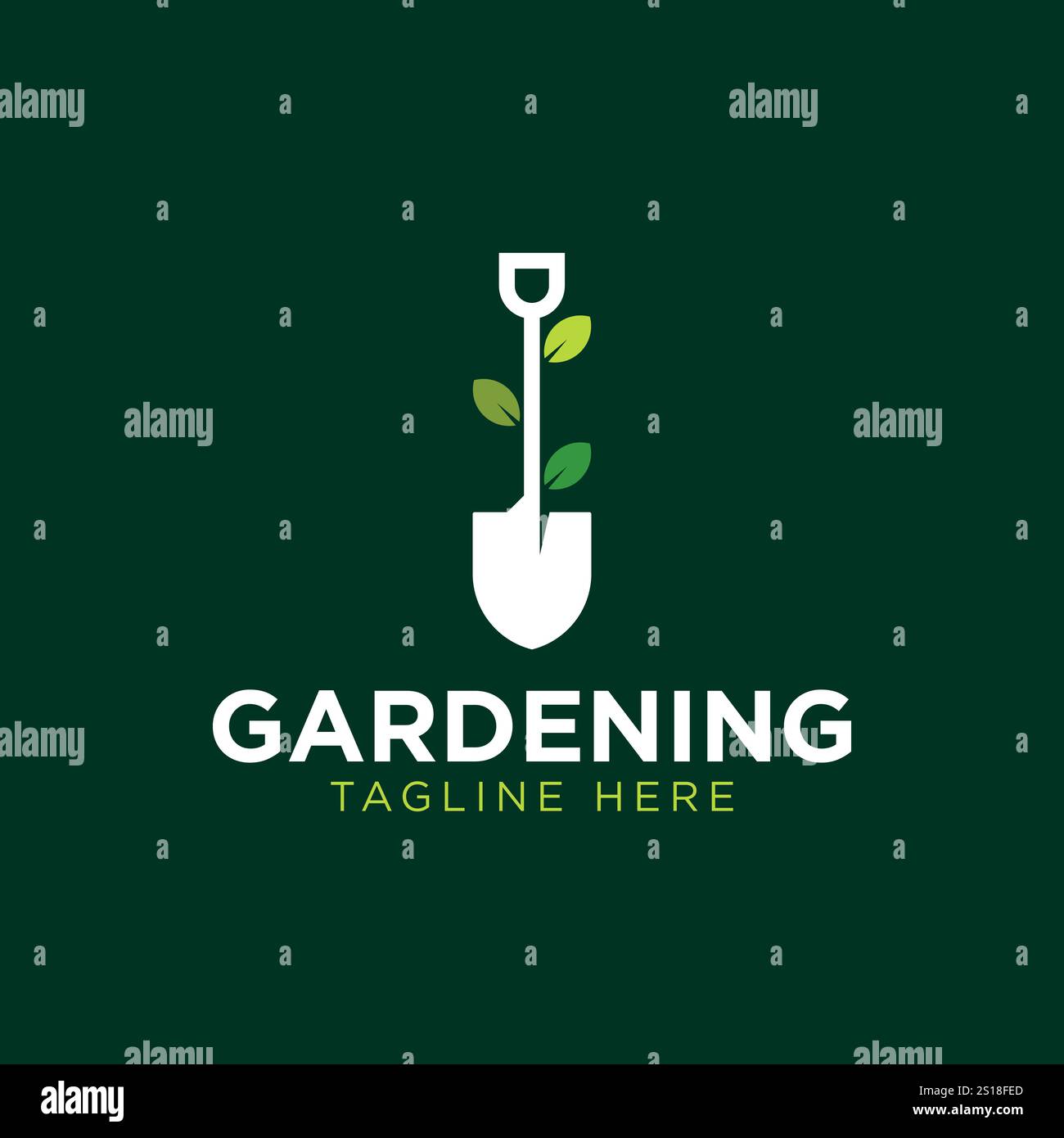 Gartenlogo mit Schaufelsymbol und Baum mit grünen Blättern Logovorlage. Stock Vektor