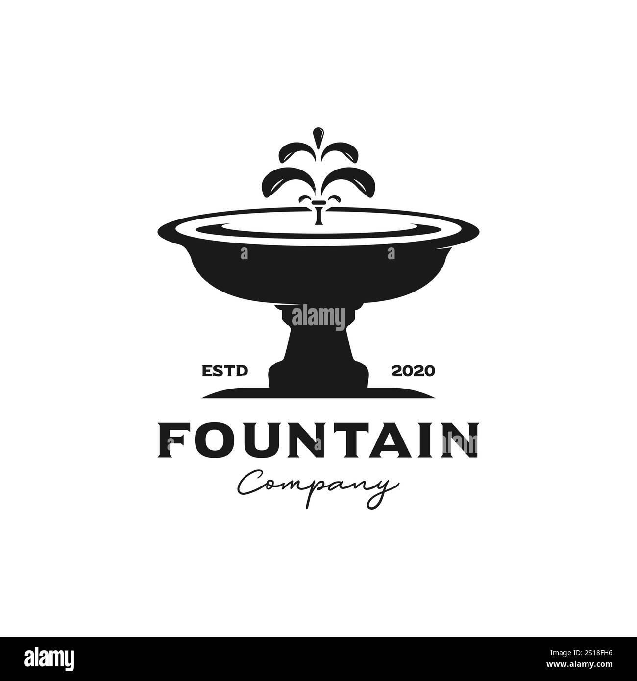 Vintage Retro-Design mit Steinbrunnen und Gartenlogo Stock Vektor