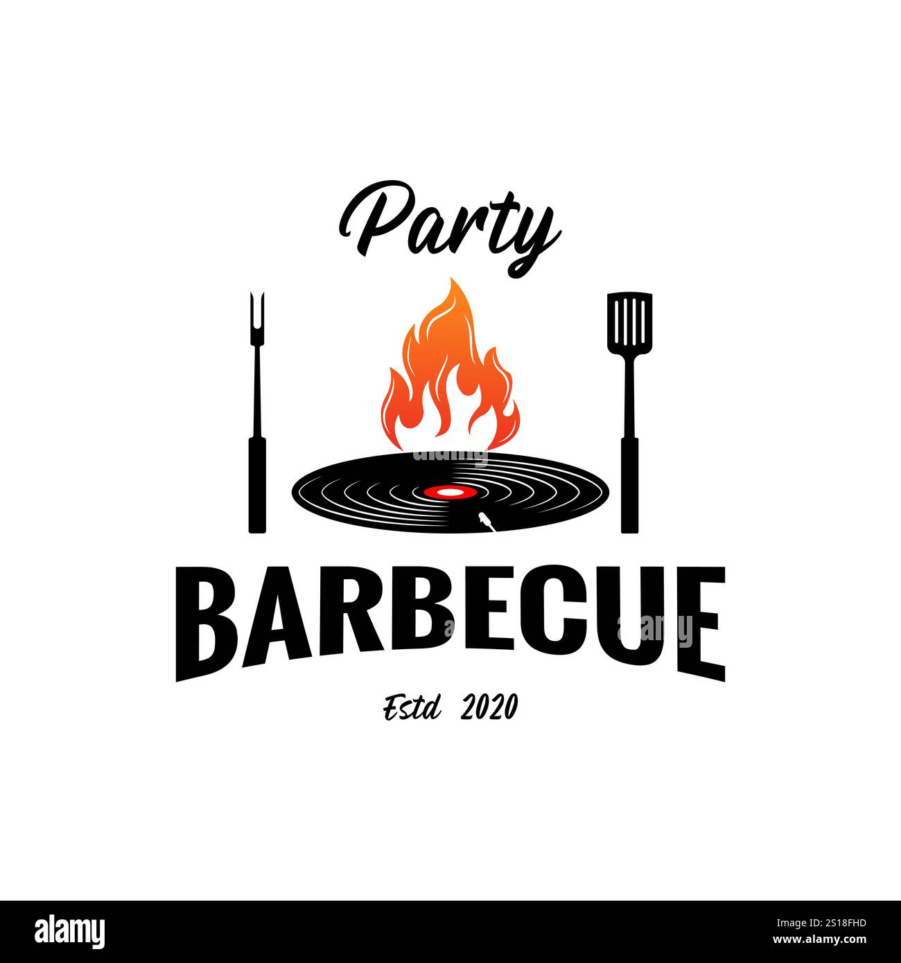 Schallplatte mit Fire Flame Live Music Konzert für Grill und Barbecue Store, Bar Cafe Restaurant, Vintage Poster Logo Design Stock Vektor