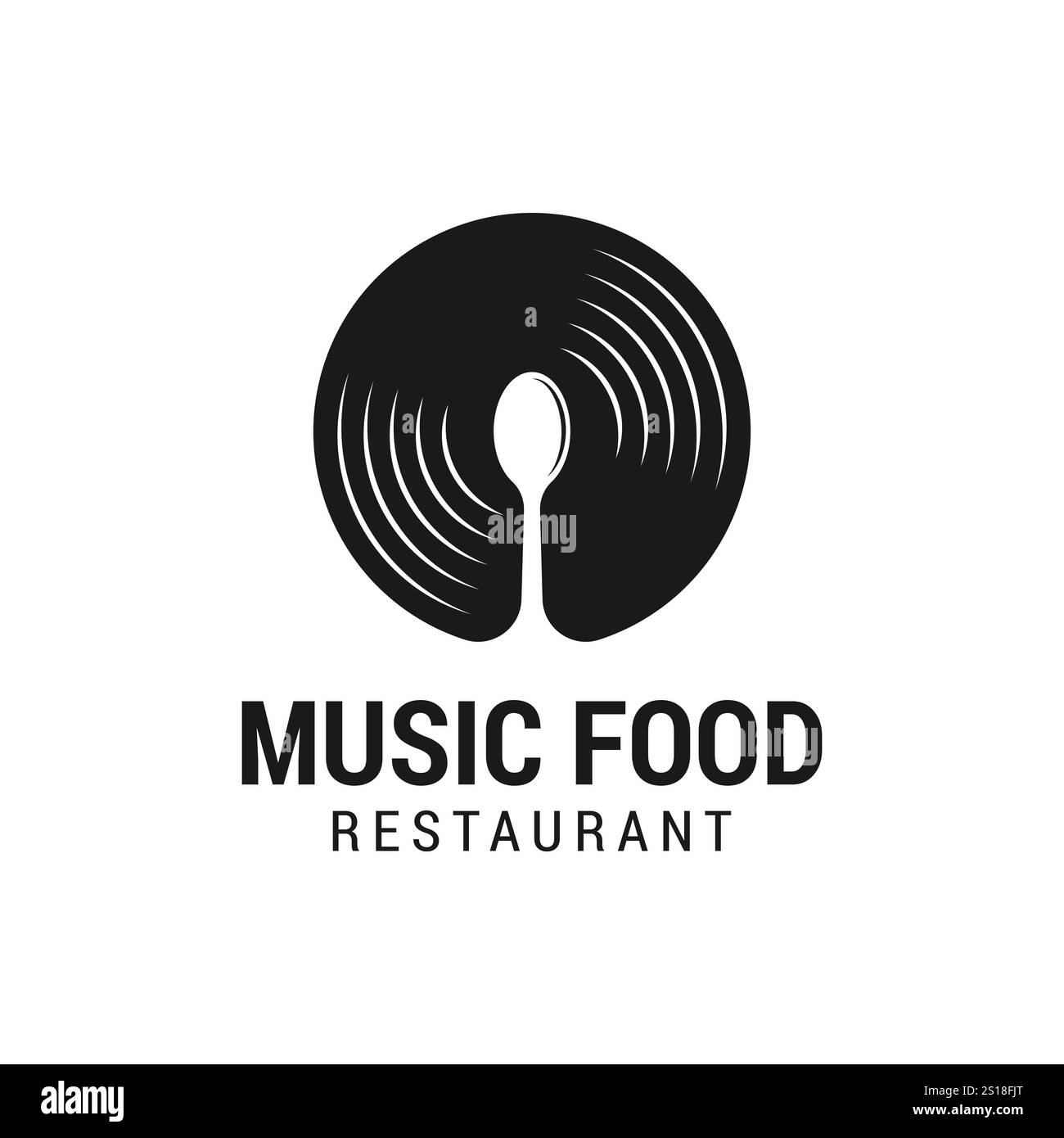 Vinyl-Schallplatte und Löffel-Symbol-Vektor, Musik-Food-Logo-Design. Stock Vektor