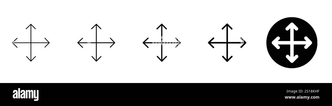 Satz von 5 Ziehen-Symbolen - 1 Silhouette - 1 nicht ausgeblendeter Vektor - Vektorsymbol eines Ziehen-und-Verschieben-Symbols mit vier Richtungspfeilen für die Web-Nutzung Stock Vektor