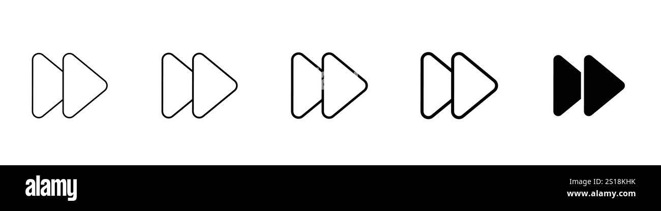 Setzen Sie 5 Vorwärtssymbole ein 1 ungelöster Vektor 1 Silhouette, Symbol für den schnellen Vorlauf des hochwertigen Vektors in einem Kreis, isoliert auf weißem Hintergrund, nächste Linie Stock Vektor