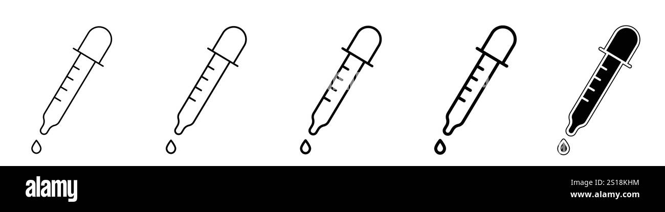 Setzen Sie 5 Tropfensymbole 1 ungeschäumter Vektor 1 Silhouette, kreatives Symbol eines Tropfensymbols, Pipette und Medizin Tropfensymbol Vektor Design Stock Vektor