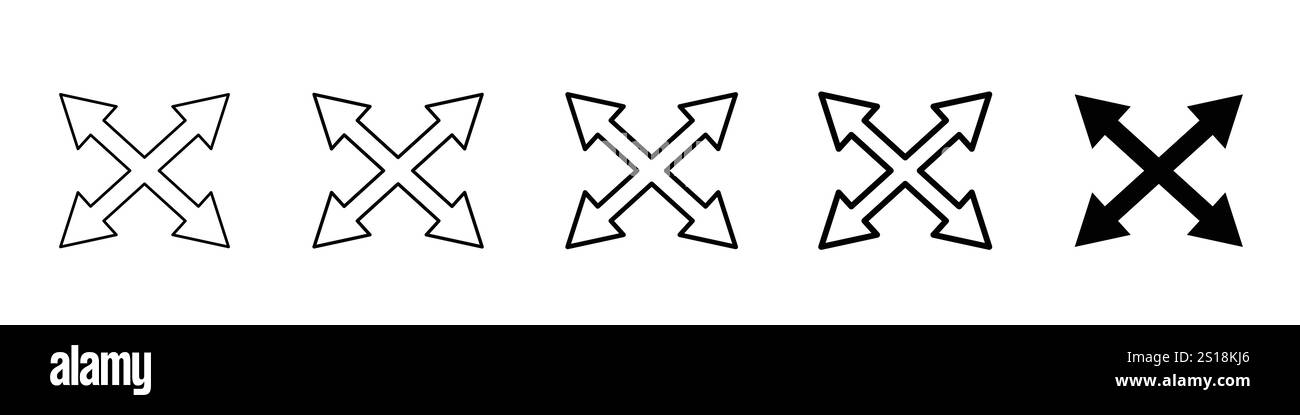 Setzen Sie 5 Vollbildsymbole ein, 1 nicht ausgeblendeter Vektor 1 Silhouette, schwarze Vektorsymbole zum erweitern, mit Pfeilmarkierungen, Design für die Website Stock Vektor