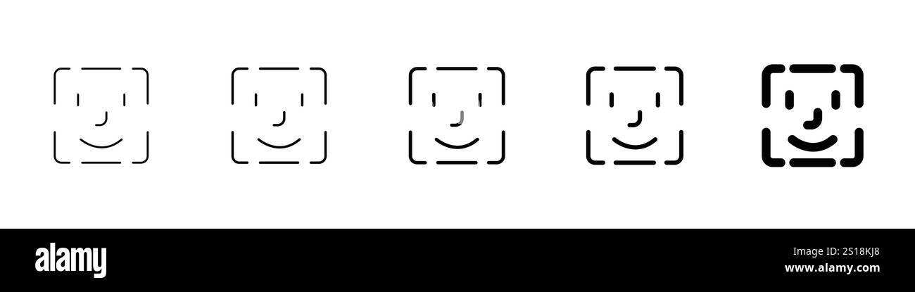 Setzen Sie 5 Gesichts-Erkennungssymbole 1 ungelöster Vektor 1 Silhouette, quadratische Gesichtserkennung Scan-Linie Vektor-Symbol für Apps und Websites Stock Vektor