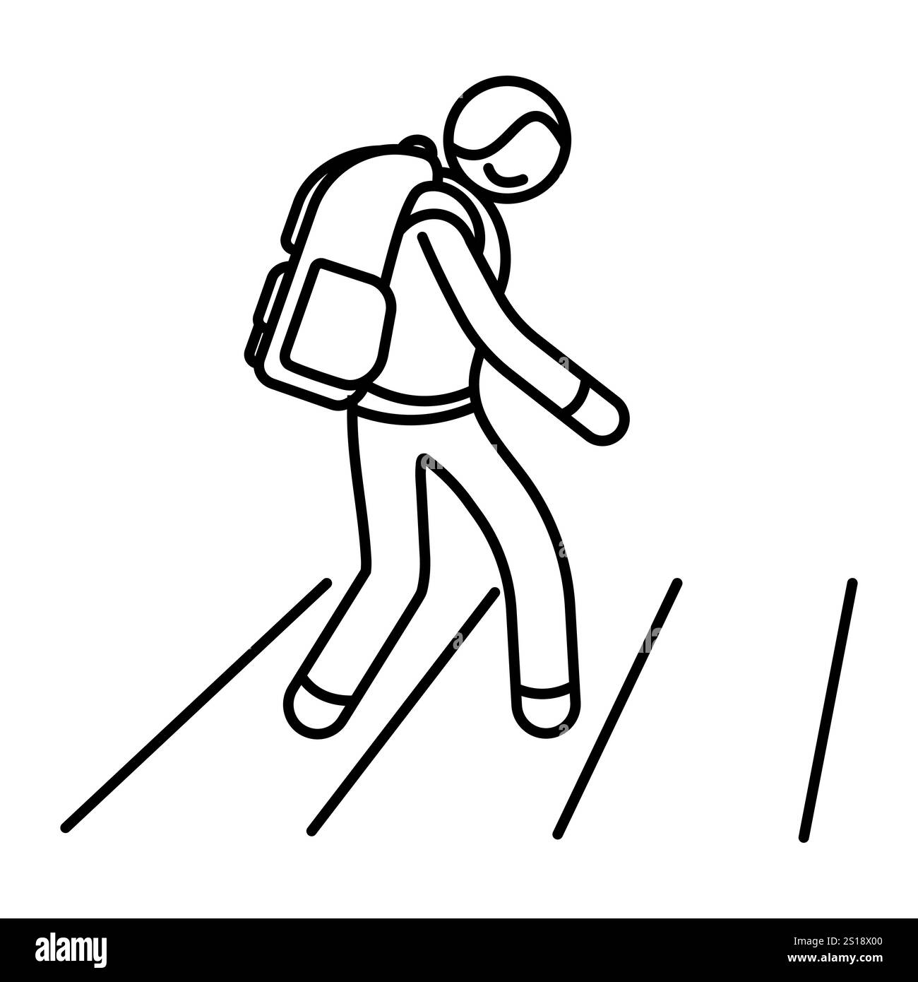 Stabfigur Liner Ikone, Schulkinder mit Rucksack auf Fußgängerüberquerung, Straßenzebra. Sichere Überquerung der Fahrbahn für Fußgänger. Verkehrssicherheit o Stock Vektor