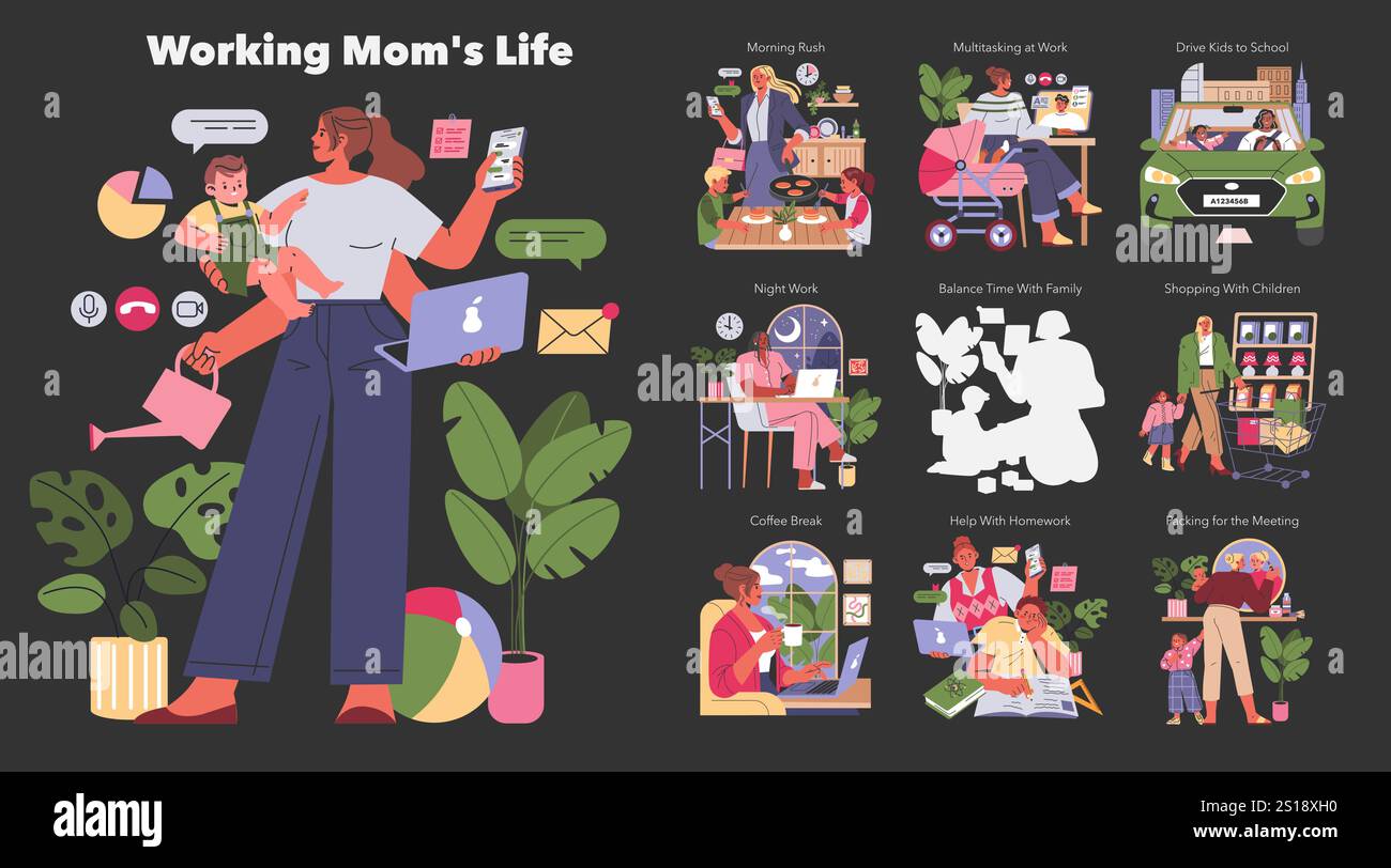 Berufstätige Mutter Lebensset. Von der Arbeit über Familienbetreuung bis hin zu Nachtschicht und Einkaufen mit Kindern – diese Illustrationen halten das tägliche Treiben fest. Vektorabbildung. Stock Vektor