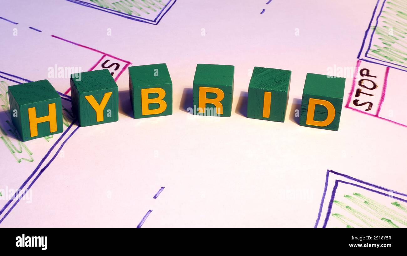 Single Word HYBRID in Blockbuchstaben mit Holzwürfeln, Begriff im Auto verwendet, mit Hintergrundzeichnung der Straße in der Stadt. Stockfoto