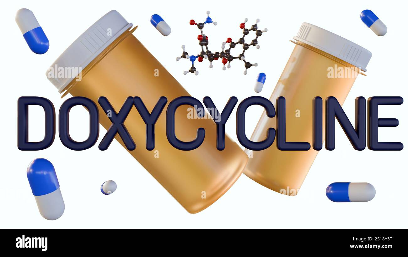 3D-Darstellung von Pillenflasche, Kapseln, Molekularstruktur und Textdarstellung von Doxycyclin vor weißem Hintergrund Stockfoto