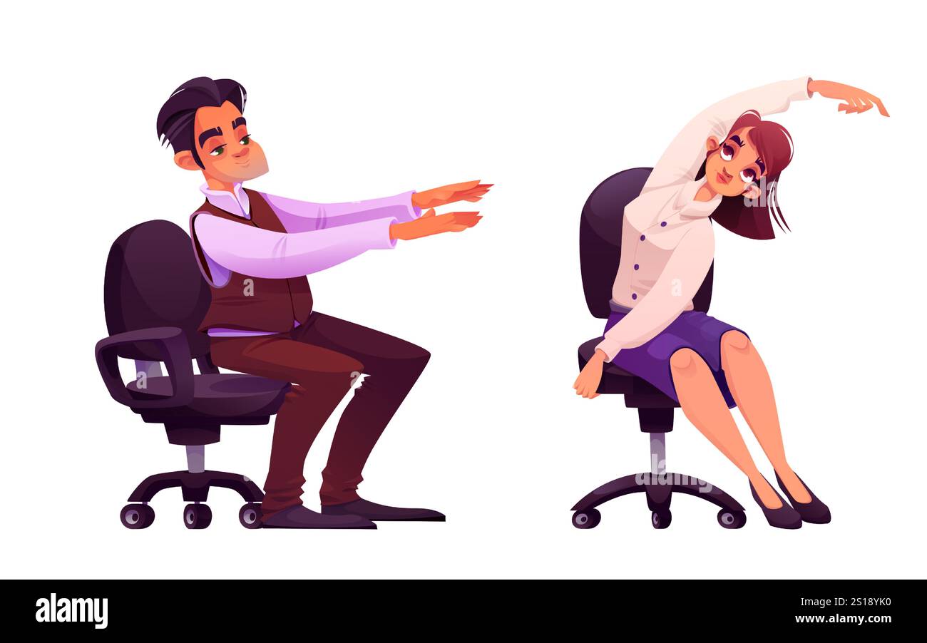 Leute, die sich im Büro ausstrecken, isoliert auf weißem Hintergrund. Vektor-Karikaturillustration von Mann und Frau, die Yoga-Workout in der Pause machen, um sich im Sessel zu entspannen, gesunder Lebensstil, Fitness am Arbeitsplatz Stock Vektor