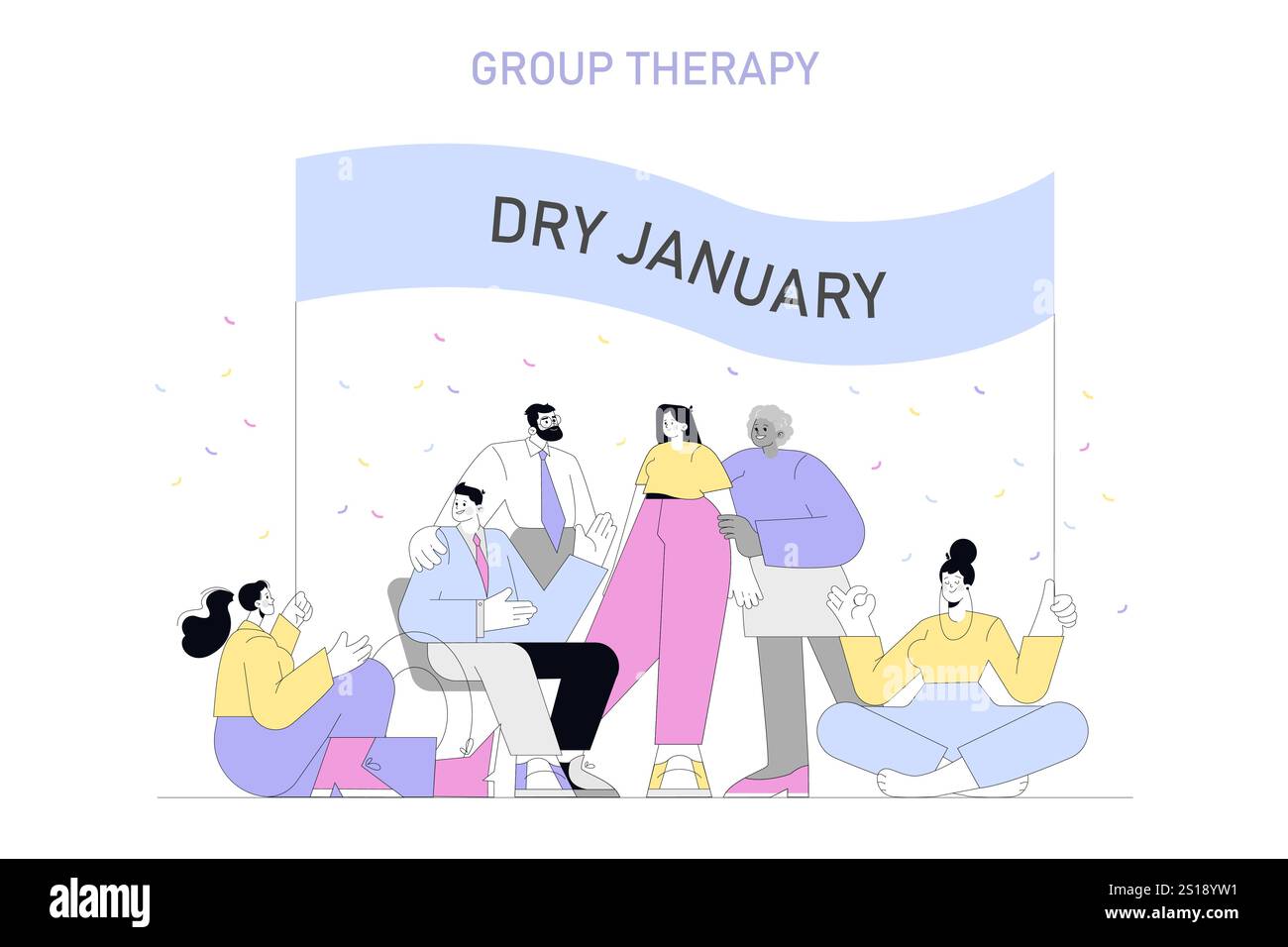 Trockenkonzept für Januar. Einzelpersonen bei einer Sitzung der Unterstützungsgruppe, die sich der Nüchternheit im neuen Jahr verpflichtet haben. Gegenseitige Ermutigung, Veränderung des Lebensstils. Vektorabbildung. Stock Vektor