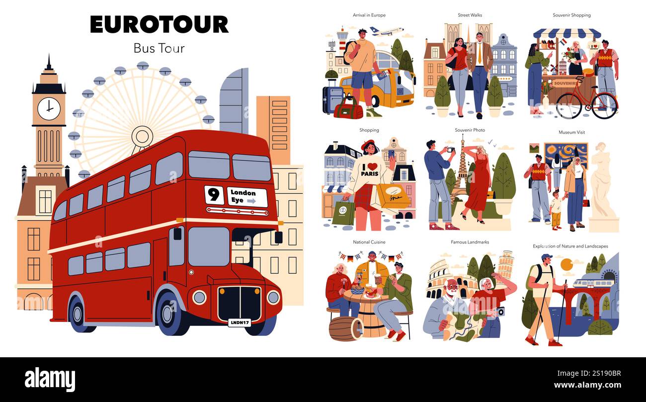 Die Vektor-Illustration von Eurotour fängt das Wesen einer Bustour durch Europa mit berühmten Sehenswürdigkeiten und Aktivitäten ein. Zu den Höhepunkten zählen Shopping, Museumsbesuche und einzigartige Erlebnisse in berühmten Städten. Eine farbenfrohe Darstellung von Reiseabenteuern, kulturellen Entdeckungen und unvergesslichen Momenten. Vektorabbildung. Stock Vektor