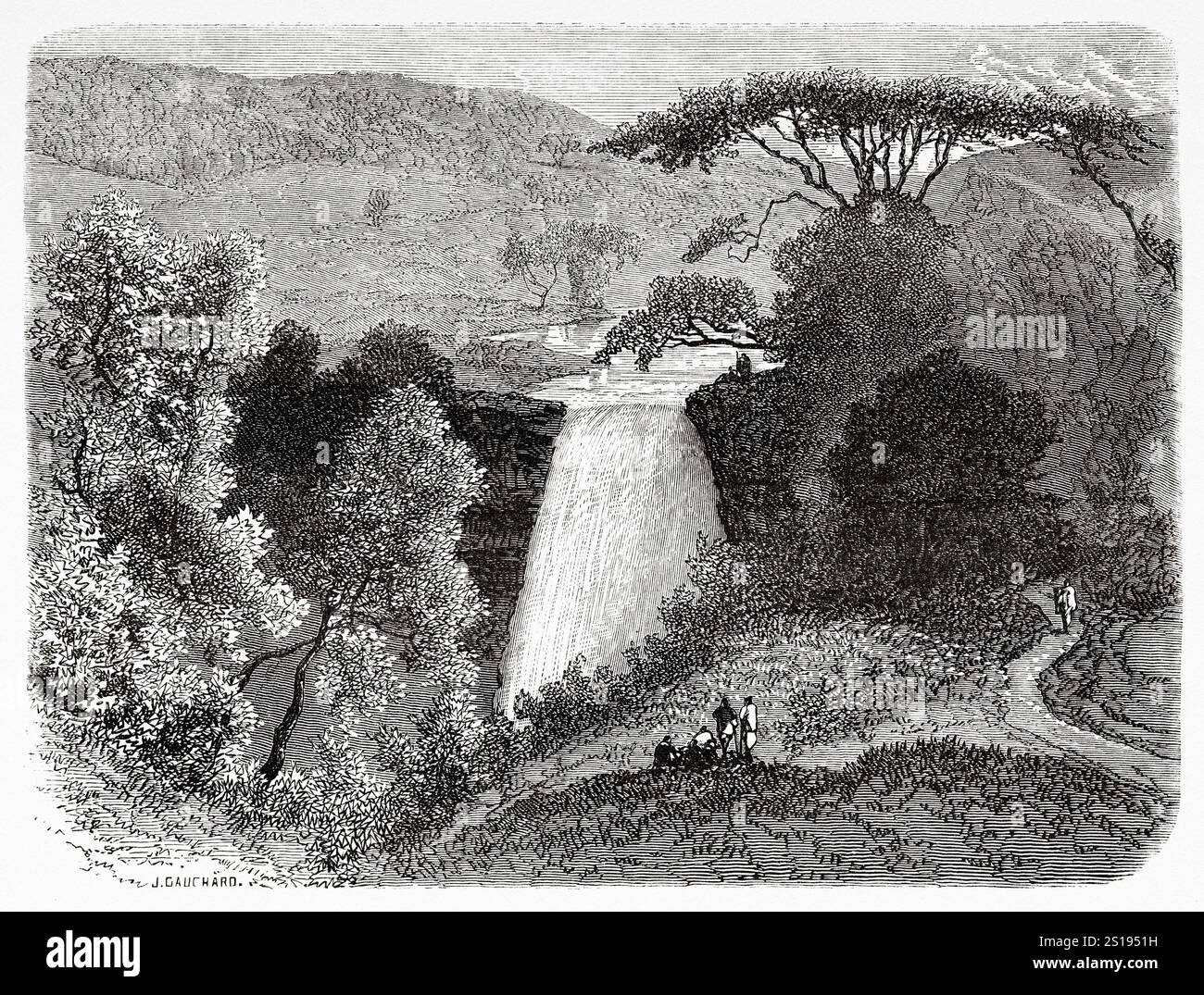 Reb-Wasserfall bei Sciarafit, Äthiopien. Ostafrika, Zeichnung von Eugene Ciceri (1813-1890) Travel in Abessinia, 1862-1863 von Guillaume Lejean (1828-1871) Le Tour du Monde 1867 Stockfoto