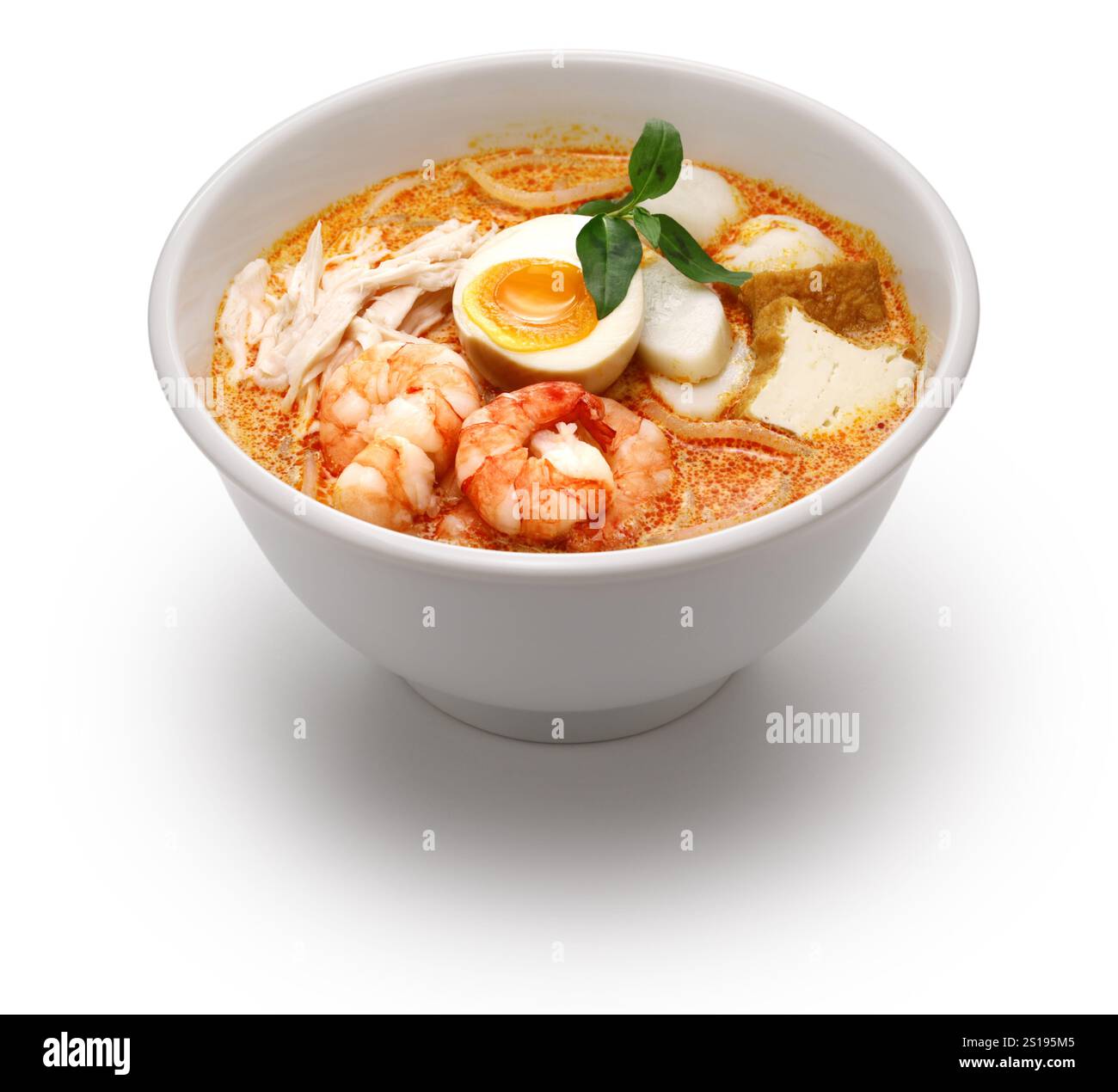 Laksa Lemak ist ein Nudelgericht aus Malaysia und Singapur. Eine cremige, scharfe Suppe mit Kokosmilchbasis. Stockfoto