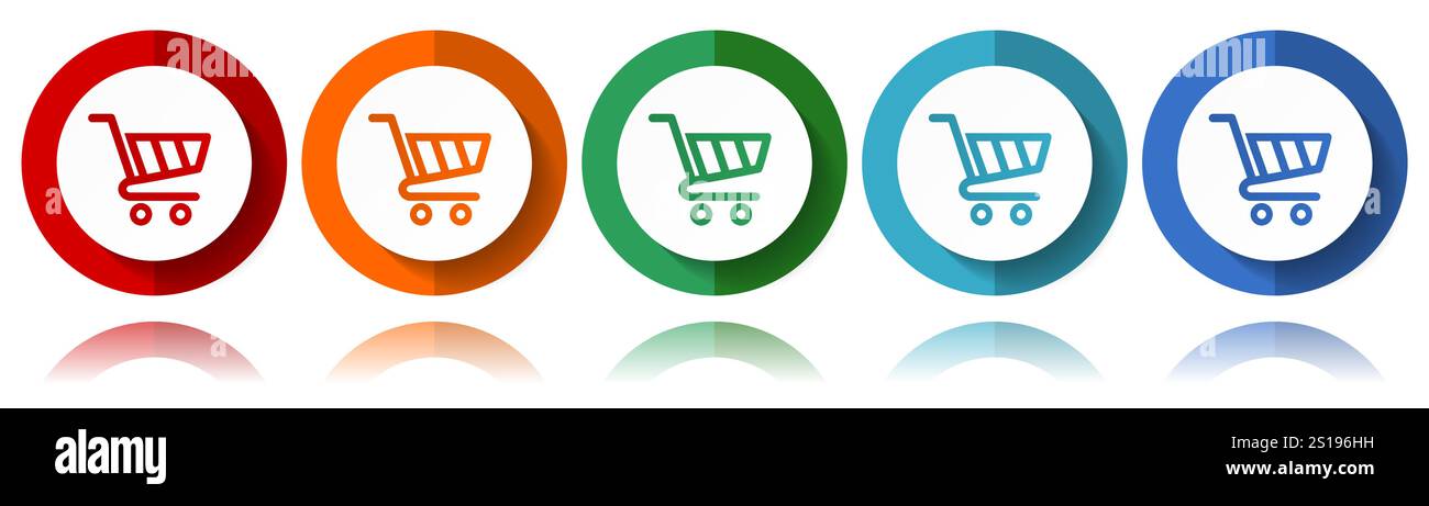 Einkaufswagen, Shop Vektorsymbole, flaches Symbolset für Logo-Design, Webdesign und mobile Anwendungen, farbenfrohe Web-Buttons-Kollektion in eps 10 Stock Vektor