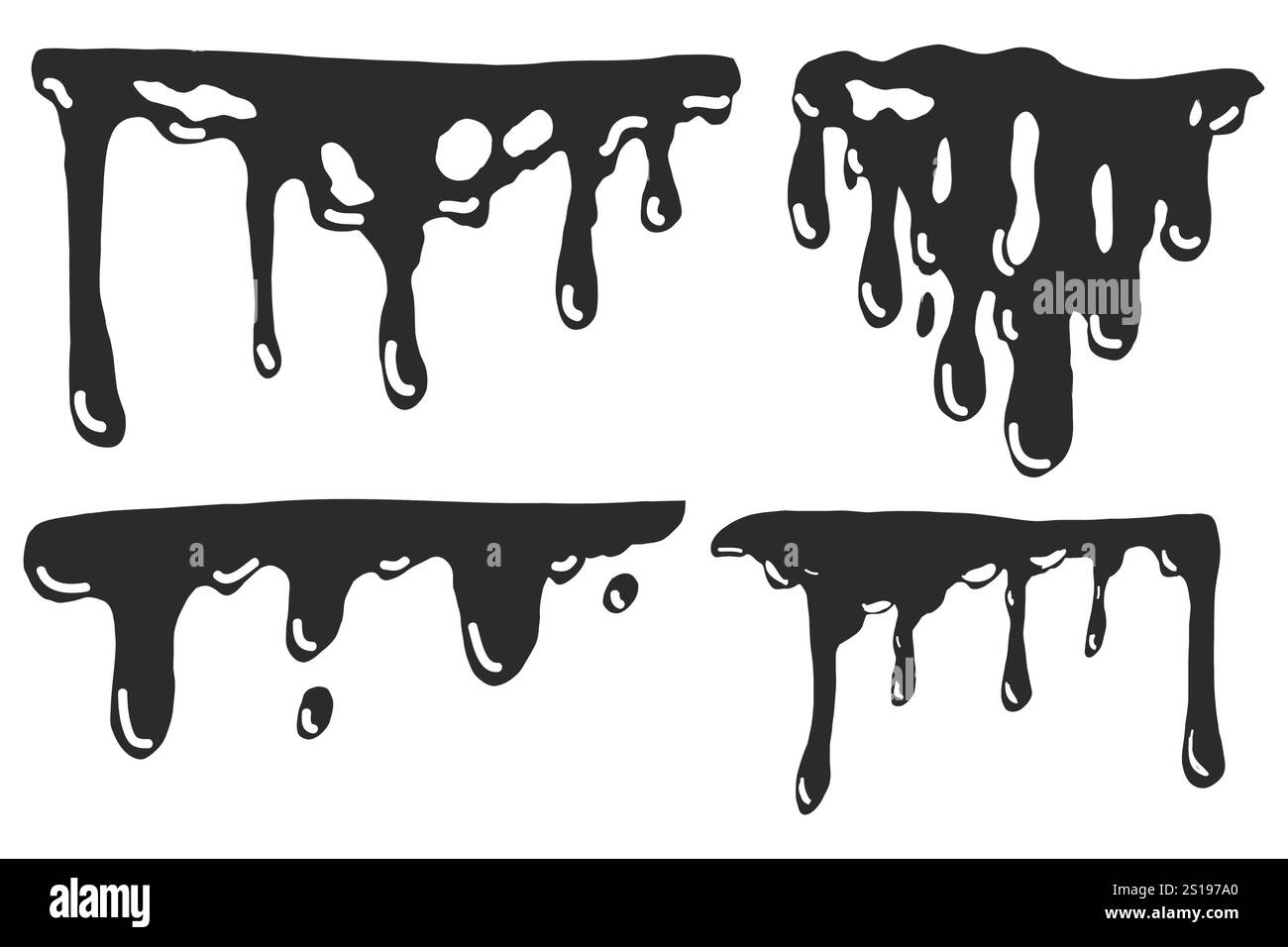 Tropfspritzer, Flüssigflecken, Flüssigtröpfchen. Graffiti spritzen schwarz schmelzen. Farbfluss, Schmelzsprührand. . Vektorabbildung Stock Vektor