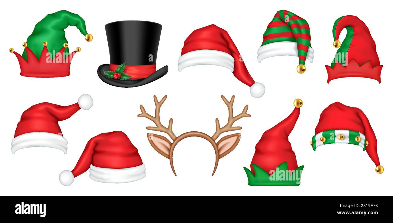 Festliche Weihnachtshüte realistische Farbsymbole. Santa Claus Elfen und Top-Hüte für lustige Party 3D Objekte bündeln sich auf weißem Hintergrund Stock Vektor