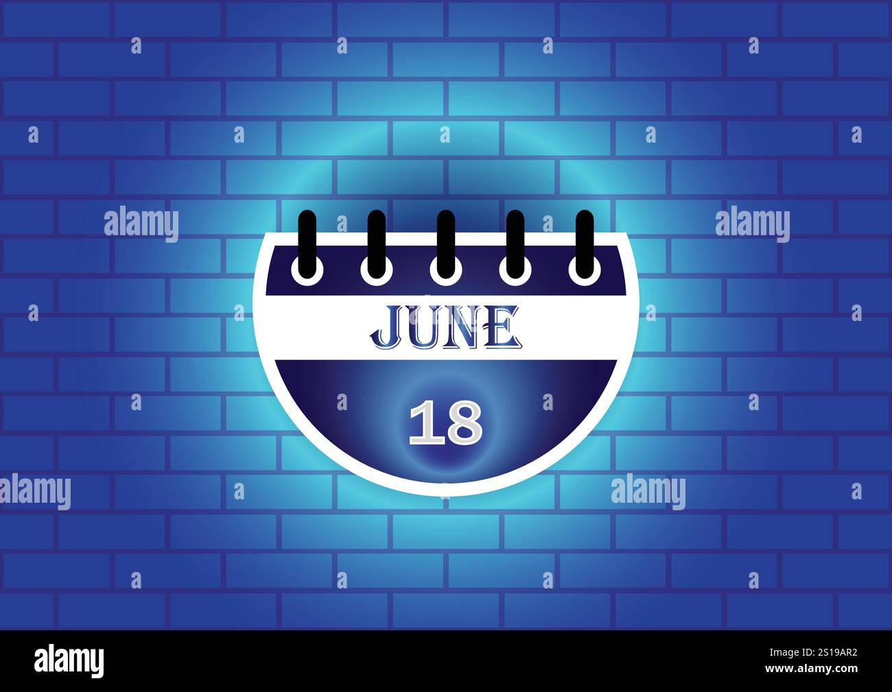 Eine stilisierte Kalenderseite mit dem 18. Juni. Das Design ist blau-weiß vor einem texturierten blauen Backsteinhintergrund gehalten Stock Vektor