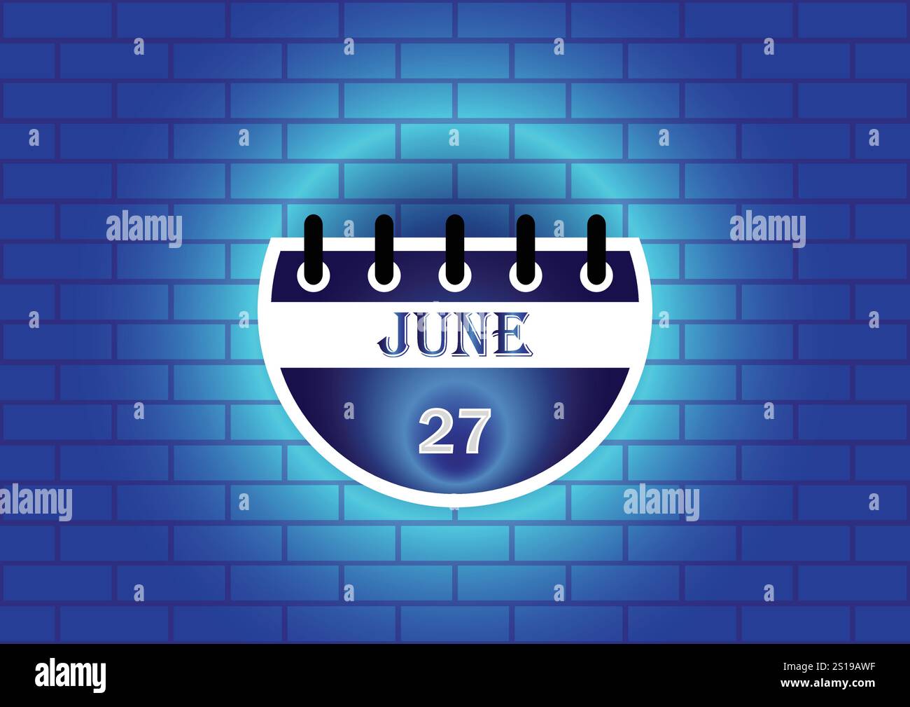 Eine stilisierte Kalenderseite mit dem 27. Juni. Das Design verfügt über einen runden Kalender vor einer blauen Ziegelwand, die mit einem sanften Schein hervorgehoben wird. Stock Vektor