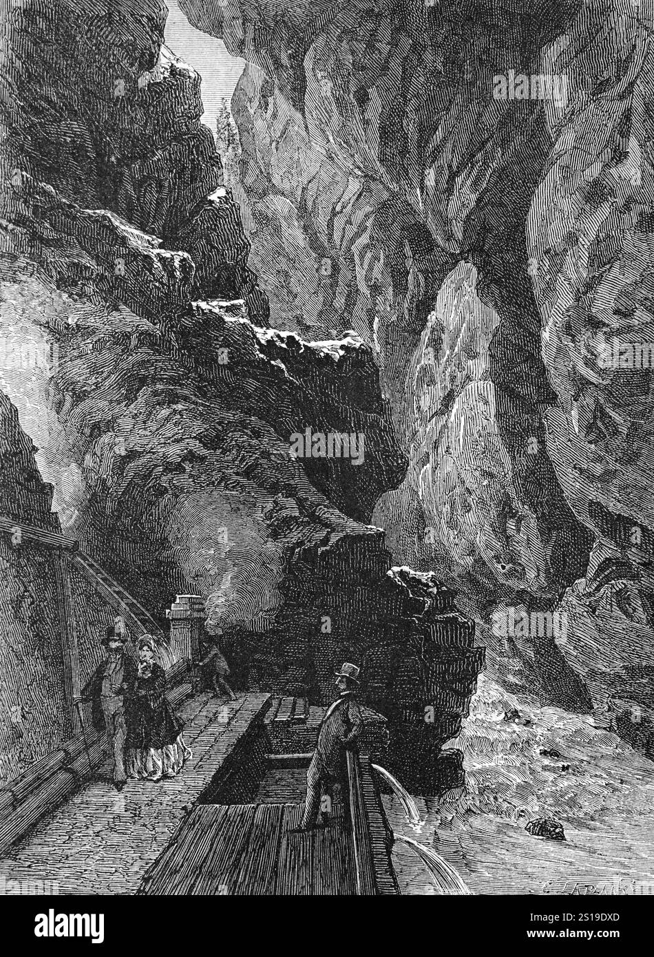 Touristen besuchen die natürliche Quelle und Quelle des Pfäfers Flusses und der Schlucht oder den Canyon in der Nähe von Ragaz oder Bag Ragaz St. Gallen Sarganserland Schweiz. Vintage oder historische Gravur oder Illustration 1864 Stockfoto