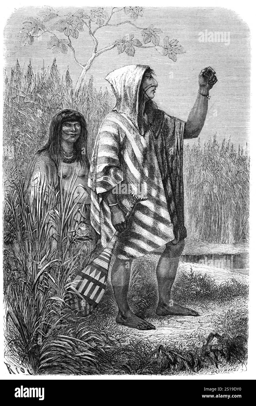 Ein paar Yine-Leute tragen traditionelle Kleidung oder ethnische Kleidung. Die Yine sind ein indigenes Volk Perus, das am Urubamba River in den Regionen Cusco, Loreta und Ucayali lebt. Sie sind auch bekannt als Chontaquiro, Contaquiro, Pira, Piro, Pirro, Simiranch oder Simirinche. Vintage oder historische Illustration oder Gravur 1864 Stockfoto