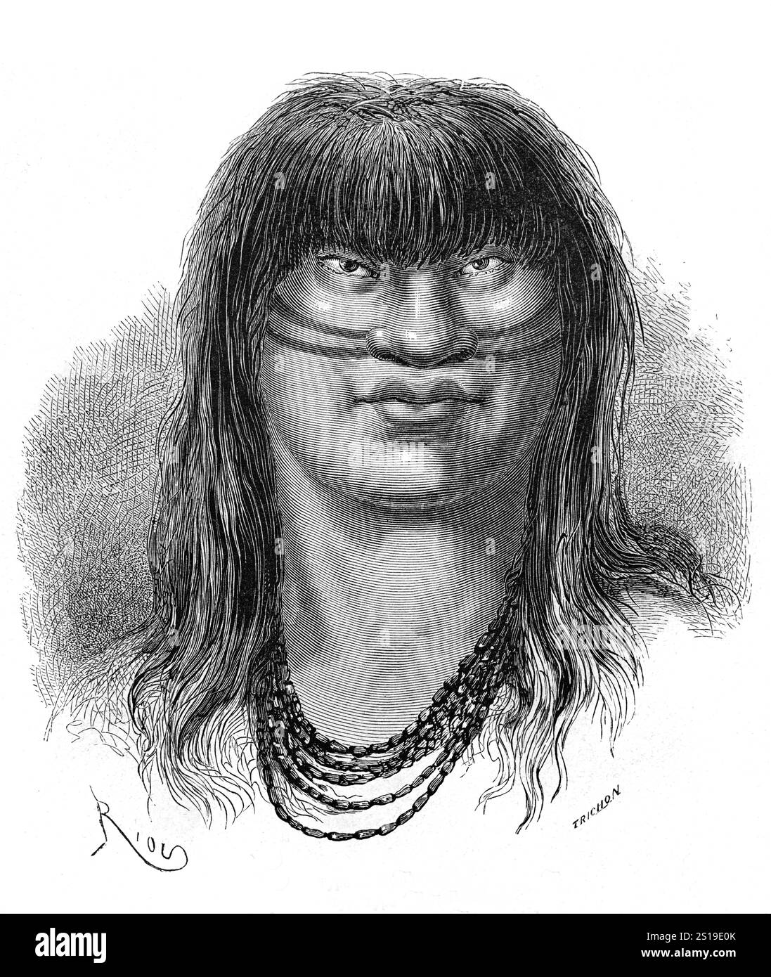 Porträt eines Shipibo-Conibo-Mannes mit langen schulterlangen Haaren. Die Shipibo-Conibo sind ein indigenes Volk Perus, das am Ucayali River im Amazonas-Regenwald Perus in Südamerika lebt. Vintage oder historische Illustration oder Gravur 1864 Stockfoto