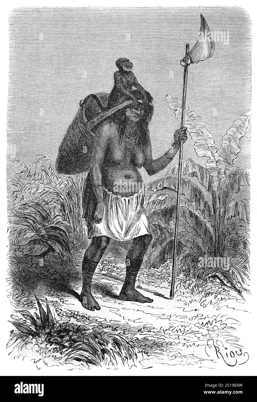 Junge Frau oder weibliche Shipibo-Conibo mit Hausaffe, die zu einer Bananenplantage geht. Die Shipibo-Conibo sind ein indigenes Volk Perus, das am Ucayali River im Amazonas-Regenwald Perus in Südamerika lebt. Vintage oder historische Illustration oder Gravur 1864 Stockfoto