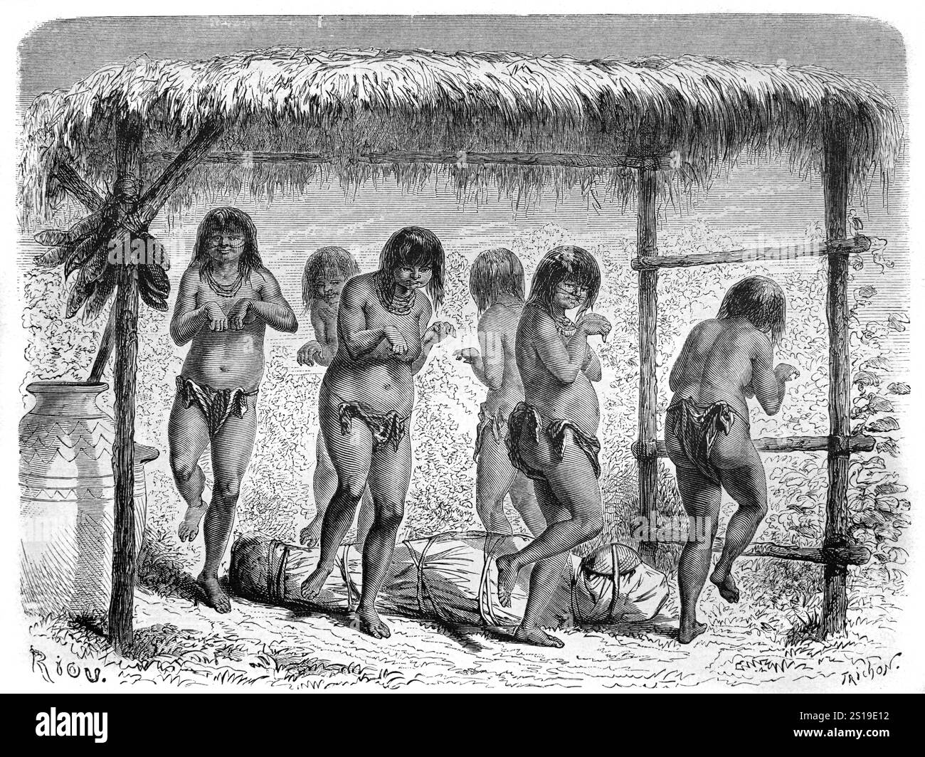 Begräbniszeremonie oder Todestanz von Chirinqui-Indianern oder Indianern Peruans, die um eine gewickelte Leiche oder Mumie des verstorbenen Peru Südamerikas tanzen. Vintage oder historische Gravur oder Illustration 1862 Stockfoto