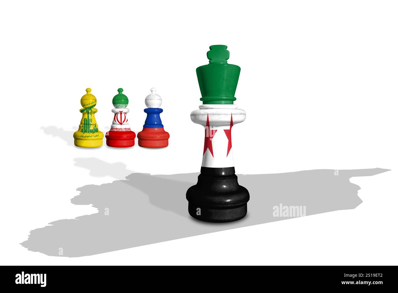 Schach aus Flaggen der Hisbollah, des Iran, Russlands mit syrischer Flagge auf einer syrischen Karte Stockfoto
