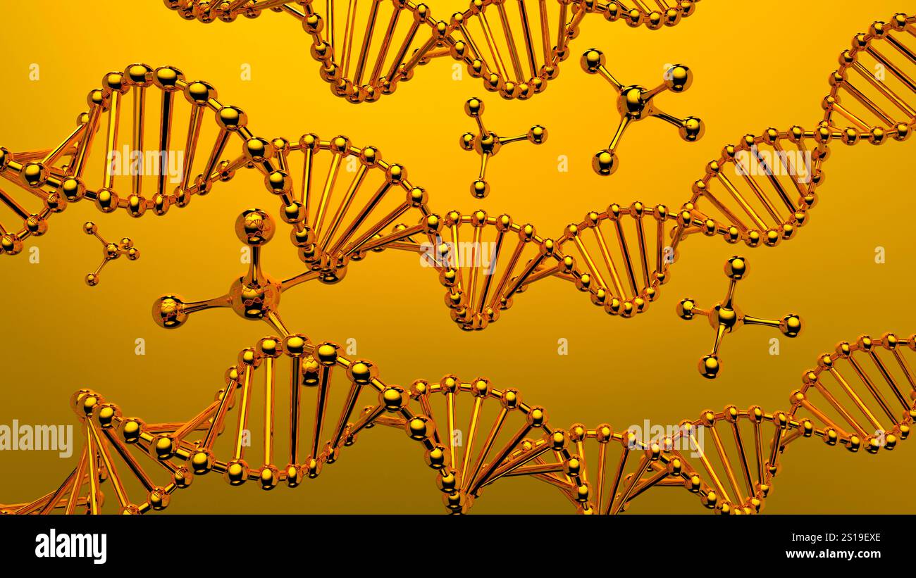Goldene dna-Helix, Molekularstruktur, genetischer Code, metallische Kugeln und Stäbe, Biochemie, goldener Hintergrund, lebendiges Gold, symmetrisch, 3D-Rendering. Stockfoto