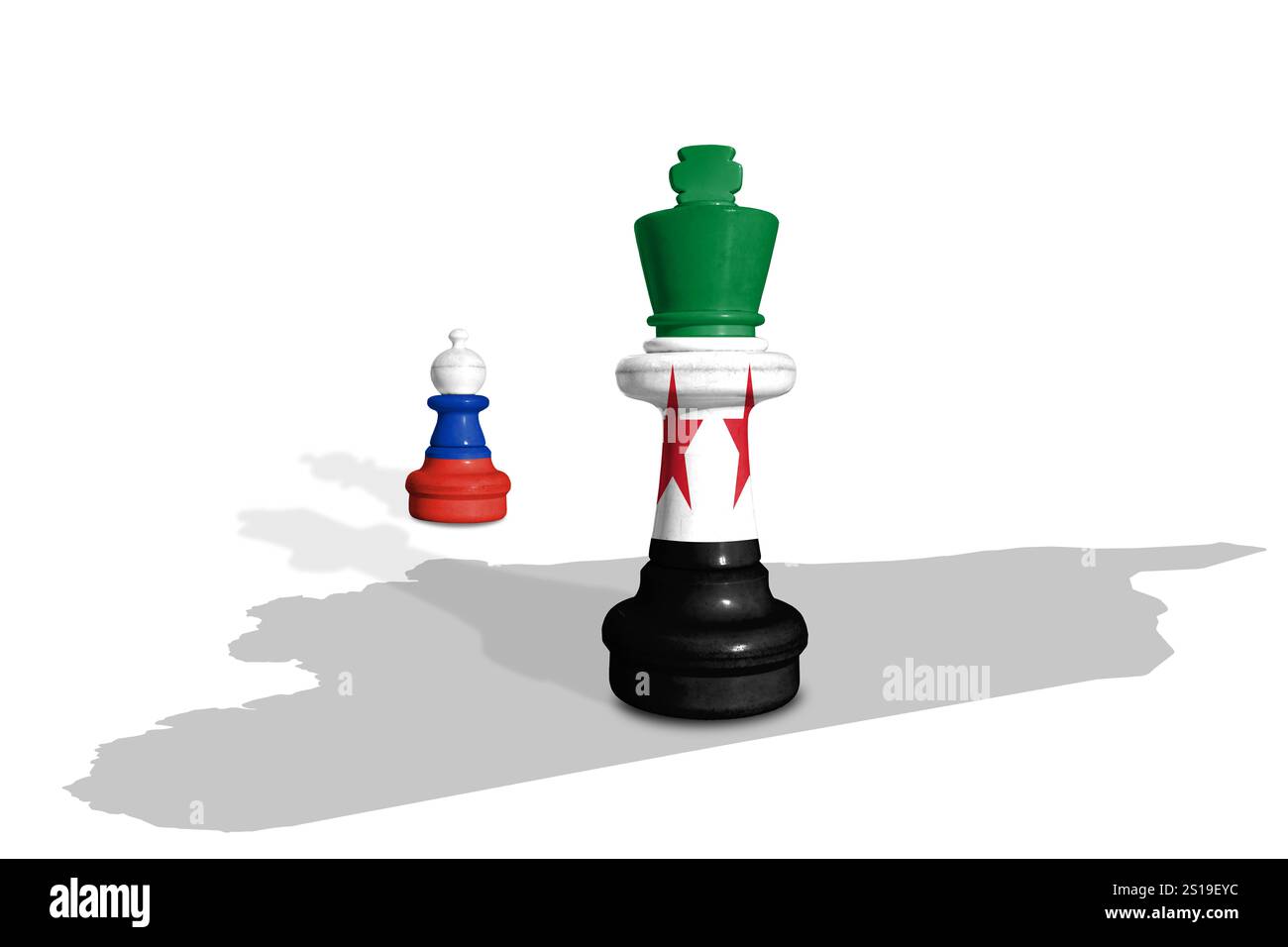 Schach aus Fahnen Russlands mit syrischer Flagge auf einer syrischen Karte Stockfoto