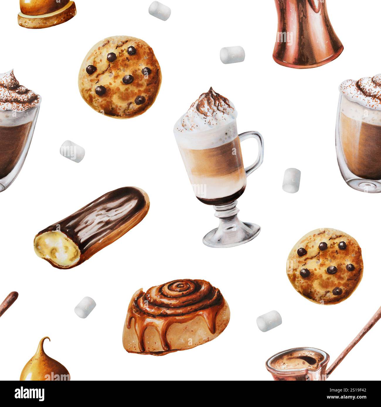 Nahtloses Muster mit Latte, Marshmallow, Schokoladeneklair, Keksen, Zimtbrötchen Illustration. Kaffee in einer Glasschale. Aquarellmalerei Stockfoto