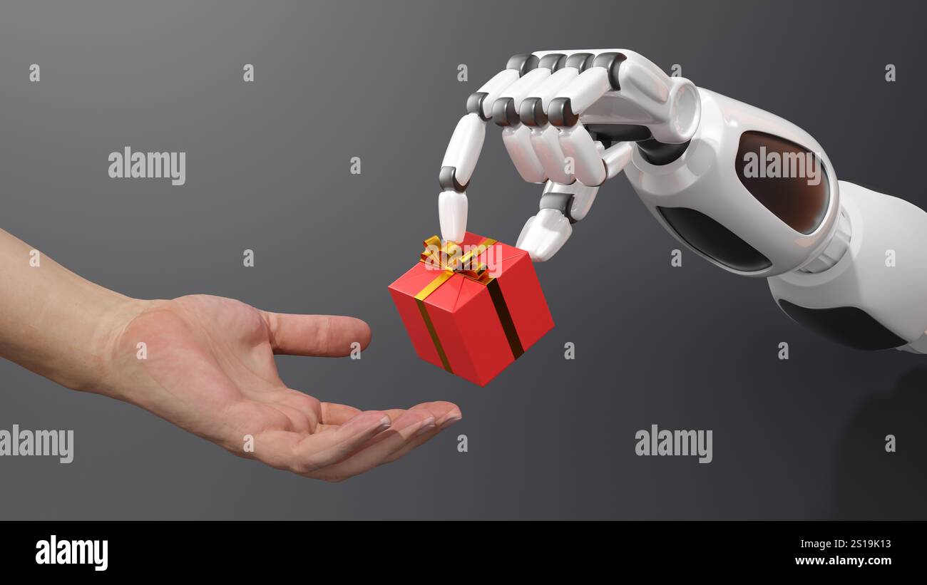 Roboterarm schenkt Geschenk, menschliche Hand empfängt, rote Box mit goldenem Band, schlanke weiße Roboterhand, grauer Hintergrund, 3D-Rendering, fotorealistisch. Stockfoto